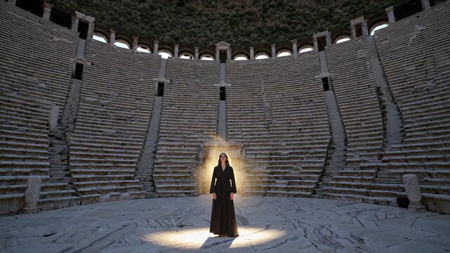 Woman wearing a long dress standing in the center of an ancient amphitheater