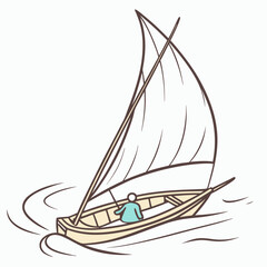 Simple illustration of a person sailing a canoe with a tan hull and white sails on wavy water boat waves
