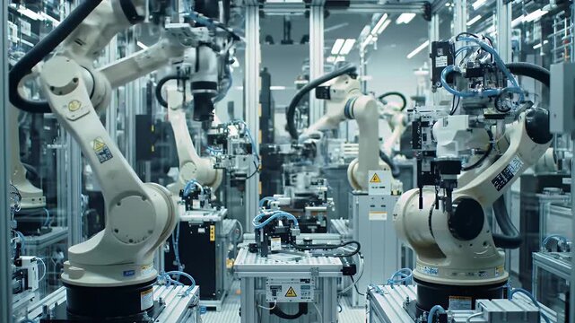Robotic Arm Calibration Bay Showcasing Precision Automated Manufacturing and Engineering Technologies with White and Gray Industrial Robots in a Bright Clean Industrial Interior. Highlight of