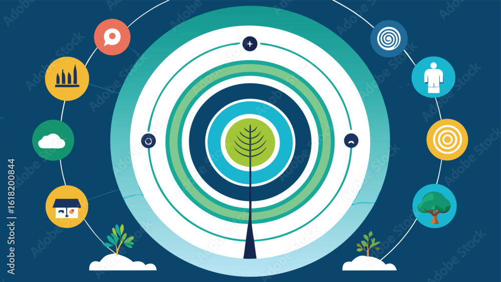 Poster circular diagram with concentric rings and icons representing growth and development abstract analys
