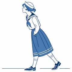 Stylized illustration of a young woman in a blue and white sailor uniform walking school uniform girl