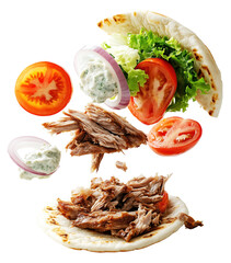 Gyro sandwich deconstructed in mid air, featuring sliced tomatoes, red onion rings, shredded lettuce, tzatziki sauce, and seasoned meat, all above pita bread., isolated