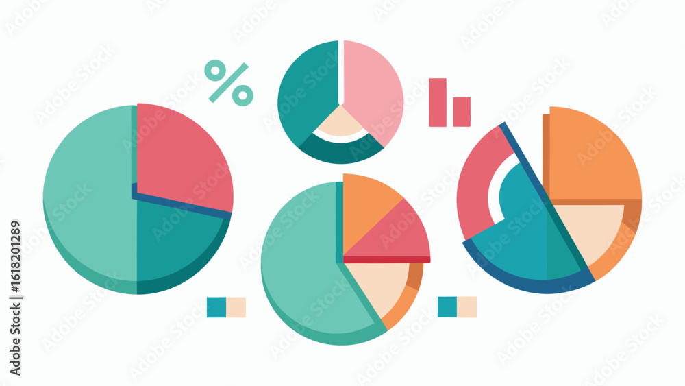 Poster collection of four colorful flat design pie charts and bar graphs with percentage symbol data statis