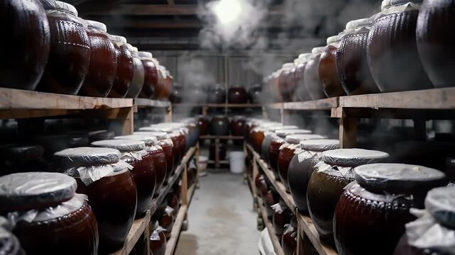 Rows of Fermenting Makgeolli Earthenware Jars in a Traditional Korean Brewery Displaying a Warm Dimly Lit Interior Filled with Sealed White Cloth Containers and Rising Steam a Close Up Shot Showing