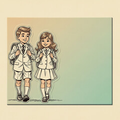 Cartoon illustration of two smiling students in school uniforms walking. Ideal for educational materials, school promotions, and children's content.