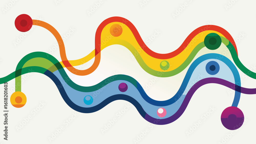 Poster colorful wavy lines and circles forming an abstract flowing path on a light background blue