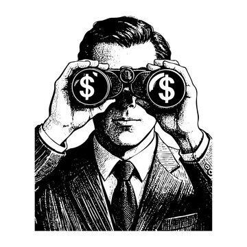 Man with dollar sign in his eyes exicted while holding money sketch engraving black and white outline. Scratch board imitation.