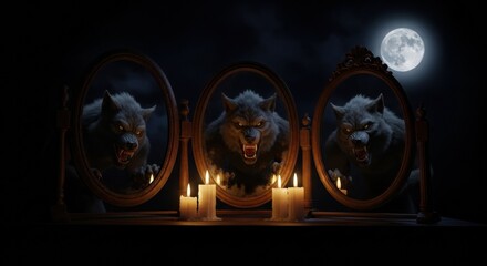 Eerie reflections: menacing werewolves in antique mirrors under a mystical moonlight atmosphere