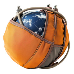 Globe wrapped in orange fabric with tubes, resembling blood pressure cuff, symbolizes global health awareness. image conveys sense of care and interconnectedness., isolated