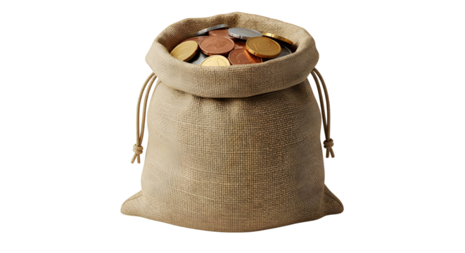 Burlap bag Sack with overflowing coins perfect for savings finance or crypto wallet designs