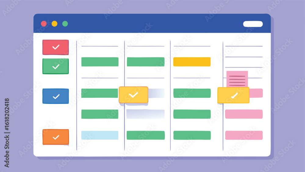 Poster digital calendar or planner interface with colored tasks and checkmarks on a grid agenda application