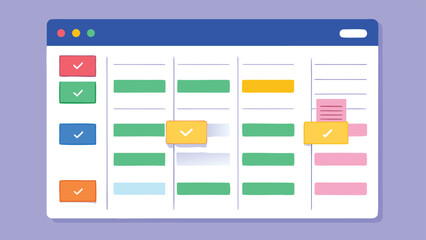 Digital calendar or planner interface with colored tasks and checkmarks on a grid agenda application