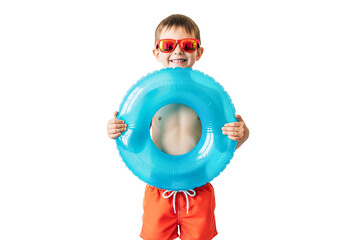 little boy holding inflatable floati solated on white