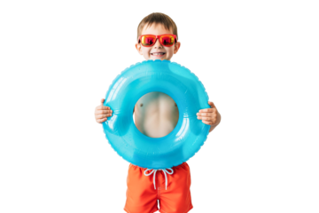 little boy holding inflatable floati solated on white