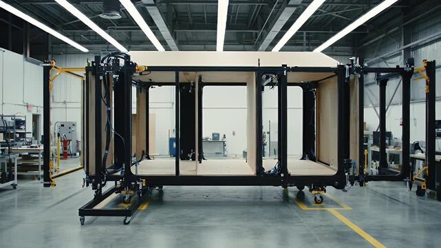 Self-Building Architecture Workshop Interior View Featuring Dark Frame and Wooden Panels Moving to The Right in an Industrial Setting Perfect for Innovation and Construction Evolution Demonstration