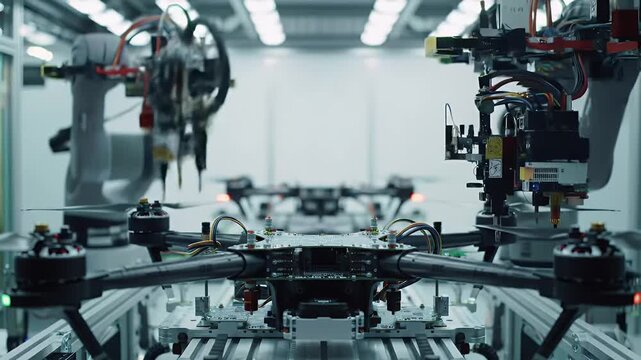 Silent Drone Production Line Featuring Automated Assembly and Precision Robotics in a Modern Manufacturing Environment with White Background Highlighting Technological Advancement and Industrial