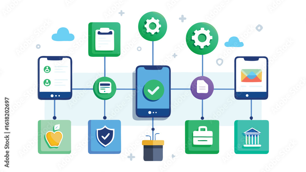 Poster digital workflow and business process visualization with smartphones and interconnected icons vector