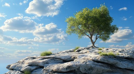 Solitary tree atop a rocky outcrop under a partly cloudy sky.