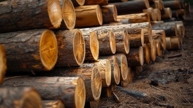 A detailed view of stacked tree trunks with visible wood grain and bark textures in a lumberyard setting