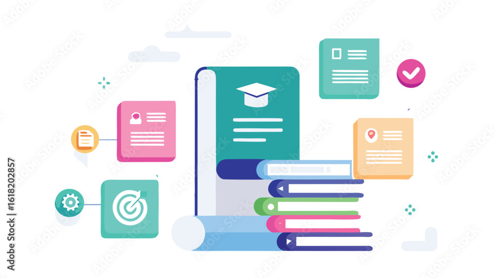 Poster education and learning concept with stack of books and documents knowledge