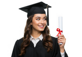 Graduate holding diploma with red ribbon on transparent background