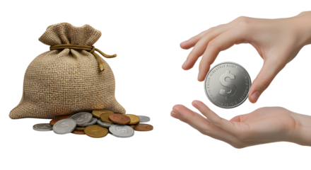 Hand with coin above money sack perfect for transfer or trade topics.