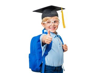 young male graduate with the hand shows the finger
 isolated on white