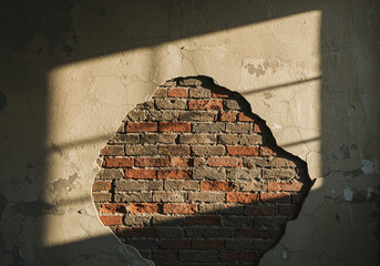 A close up shot of a damaged wall revealing brickwork with sunlight casting shadows on the wall
