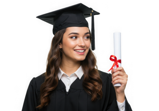 Graduate holding diploma with red ribbon on transparent background