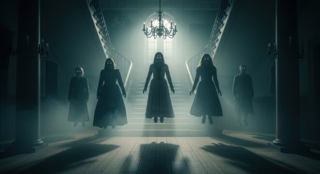 Eerie apparitions glide along aged manor stairway amid ethereal luminescence creating mysterious