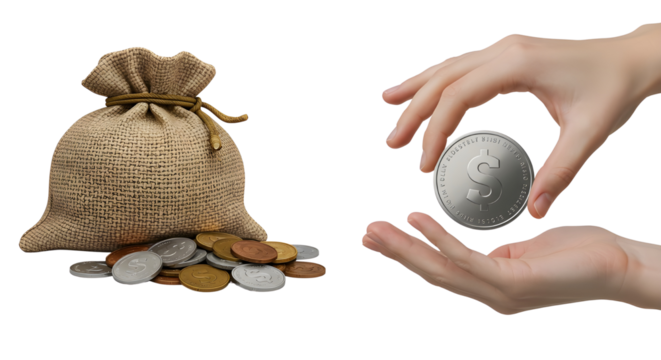 Hand with coin above money sack perfect for transfer or trade topics.
