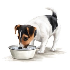 Small dog drinking water – charming pet illustration with white, black and brown markings, metal bowl, and warm daily moment