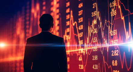 Silhouette of man facing stock market data display, orange and red tones, conveying financial analysis, investment, market trends, and business strategy
