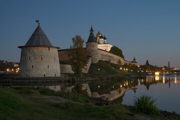 Autumn evening at the Kremlin walls. Pskov historical center, Russia