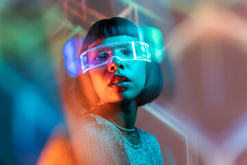 Latin woman experiencing virtual reality technology