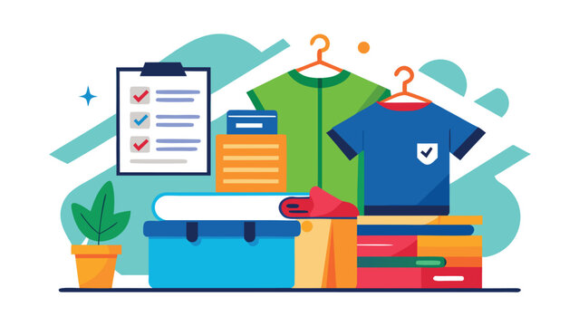 Flat design illustration of organized clothing and a checklist for sorting or packing fashion organization