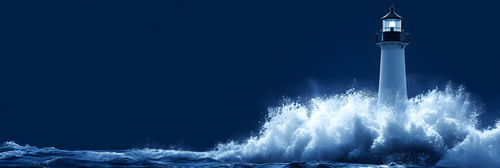 Defiant waves crash upon a sturdy lighthouse wide banner - blue background © YouAreBeautiful