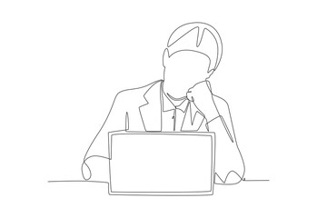 A man who is stressed with work. Anxiety concept one-line drawing