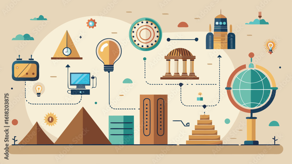 Poster global technology and knowledge infographic with diverse icons and structures science education
