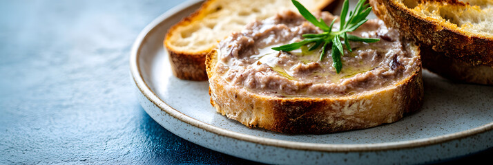 Close-up of Rustic Bread Slice with Savory Spread and Herbs