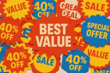 Fototapeta premium Brightly colored sale and discount tags display phrases like 