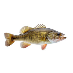 A lively smallmouth bass, a prized freshwater game fish, captured in profile with spiny fins on a white background.