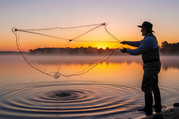 silhouette of a fisherman