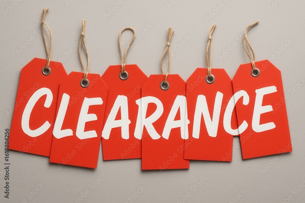 Aufkleber red tags with white letters spelling 