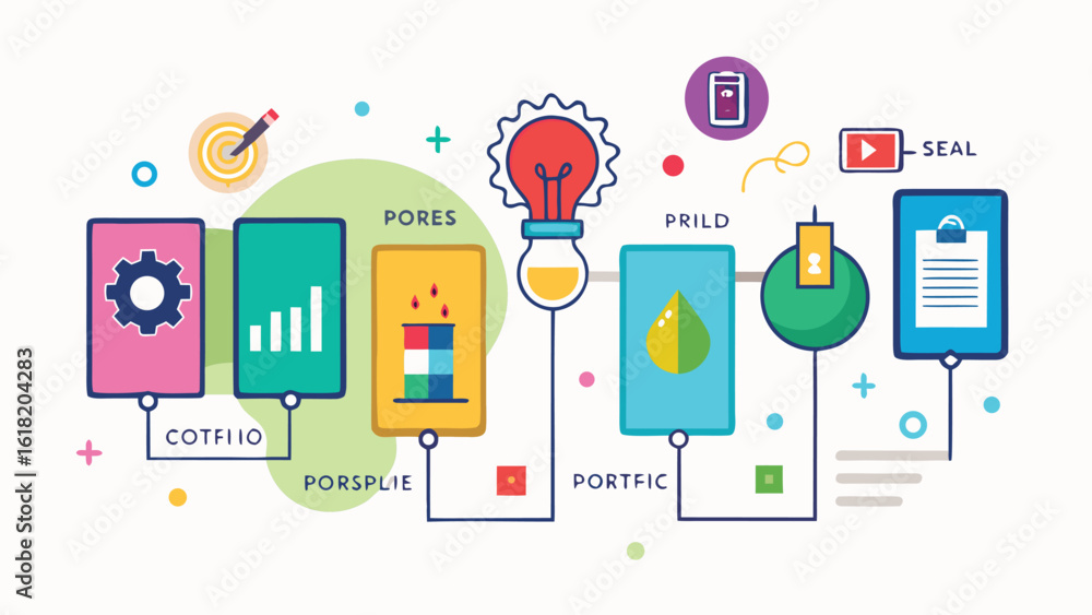 Poster industrial process and product development flowchart with icons and labels vector illustration