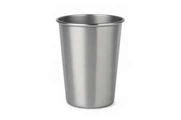 Photorealistic stainless steel cup isolated on transparent background, ideal for showcasing your designs or branding