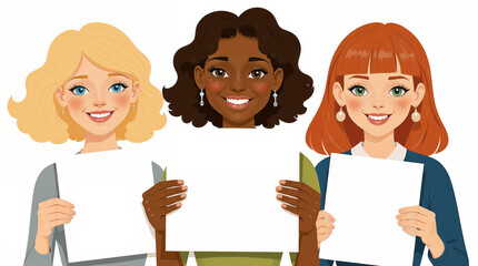 drawn portrait of three women - a fair-skinned blonde with blue eyes, a dark-skinned brunette with curly hair and dark eyes, and a red-haired girl with curly hair, green eyes and freckles smiling and 