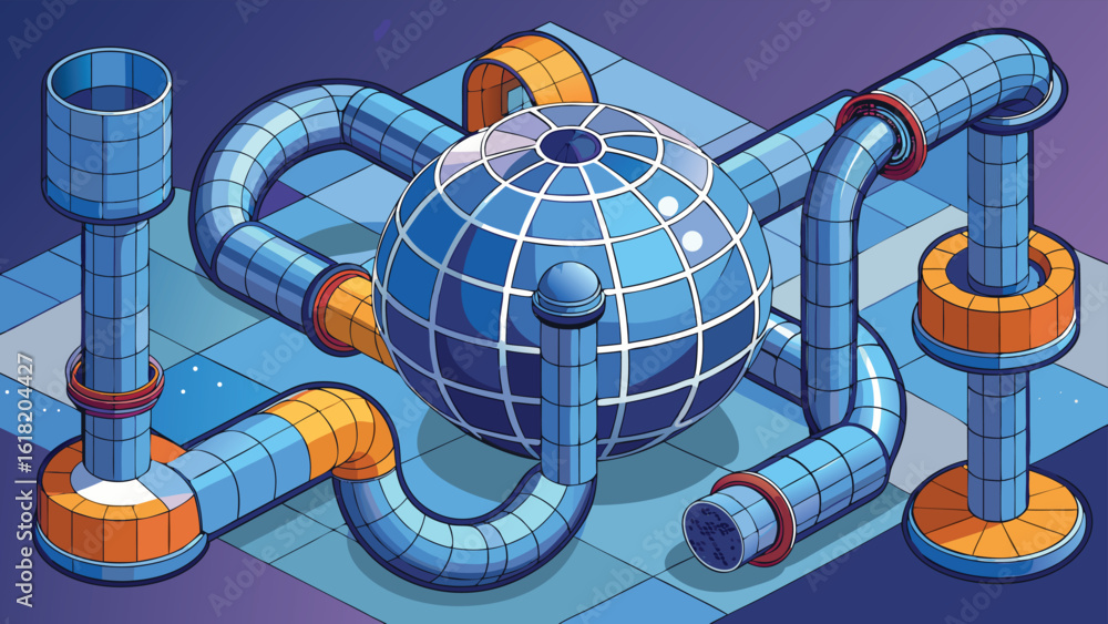 Aufkleber isometric view of a futuristic industrial network with a globe and interconnected pipes vector illus