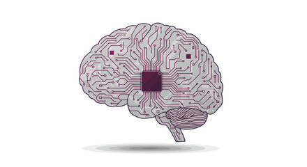 A stylized digital brain with intricate circuitry and a central processor
