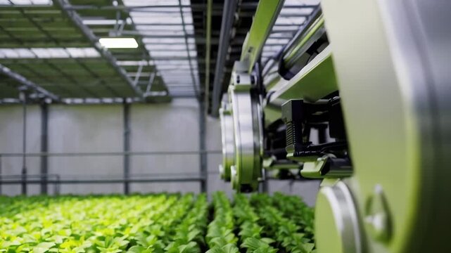 Autonomous robot in a greenhouse with a robotic arm transplants seedlings into soil. Smart Farming. Computerized crop management. Modern agricultural technologies,
